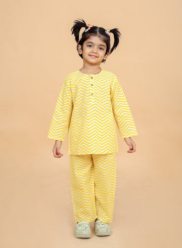 Yellow Zig Zag printed pure cotton hand block printed pajama set for girls summer nightwear