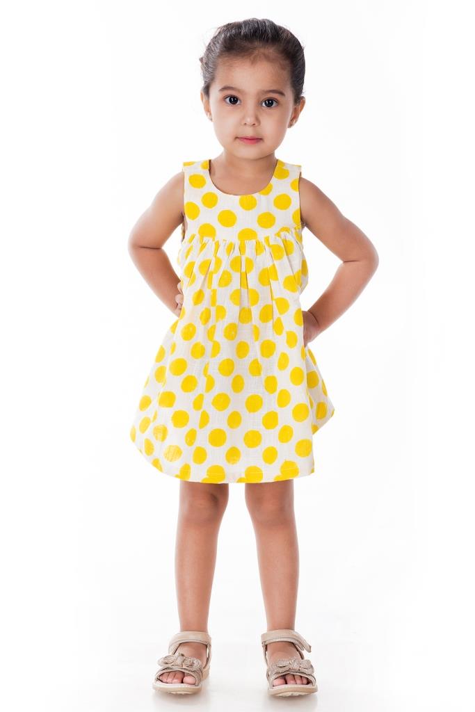 Yellow Polka Dot Block Printed Sleeveless Frock