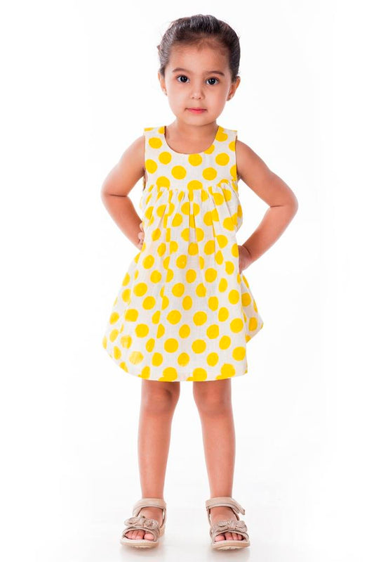 Yellow Polka Dot Block Printed Sleeveless Frock