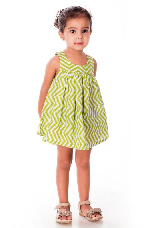 Green Zig Zag Block Printed Sleeveless Frock