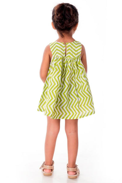 Green Zig Zag Block Printed Sleeveless Frock