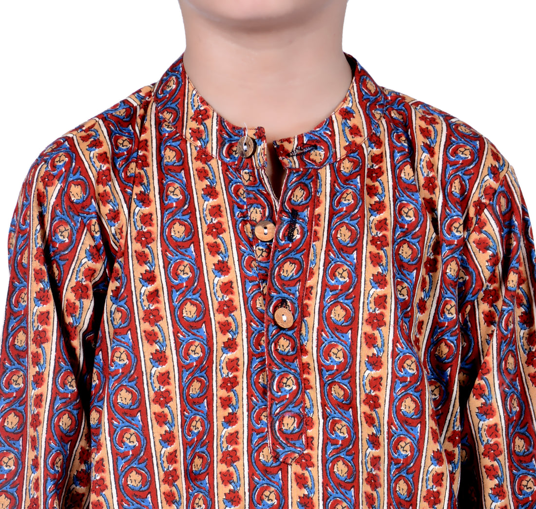 Red and Blue Stripe block Printed Kurta Pajama - Set of 2