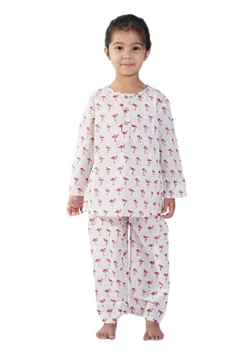 girl wearing pink flamingo printed cotton pajama set