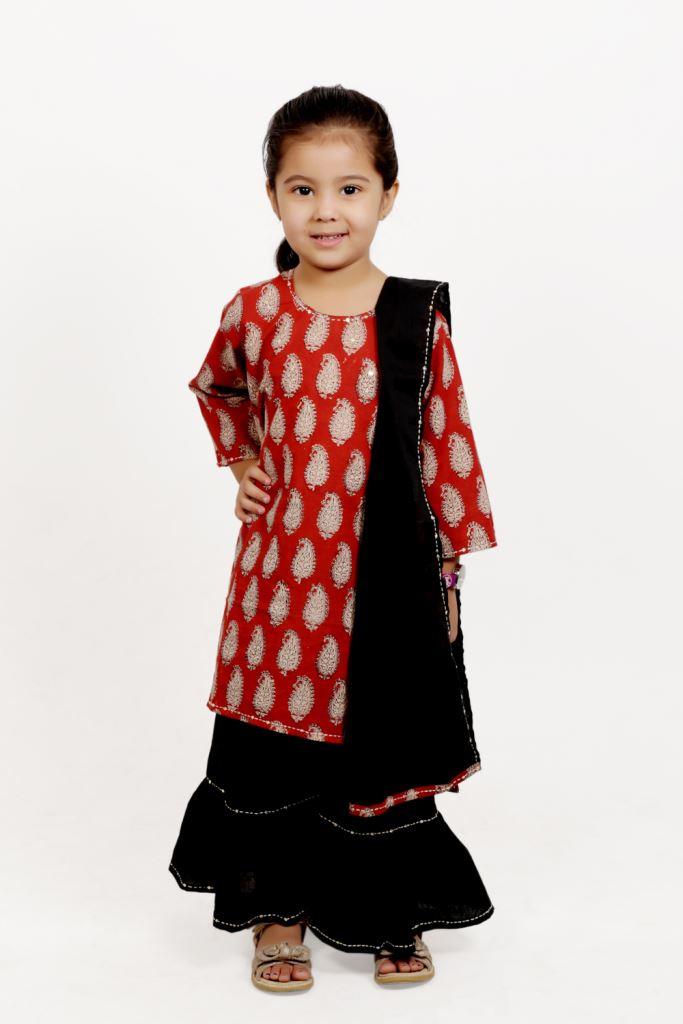 Red And Black Paisley Sharara, Set of 3