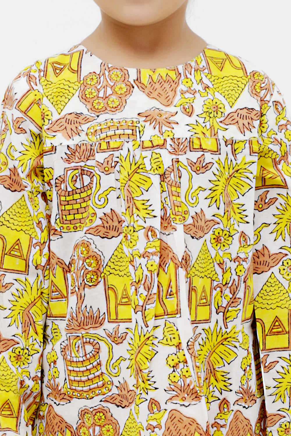 Yellow Village Scene Block Printed Full Sleeves Tunic