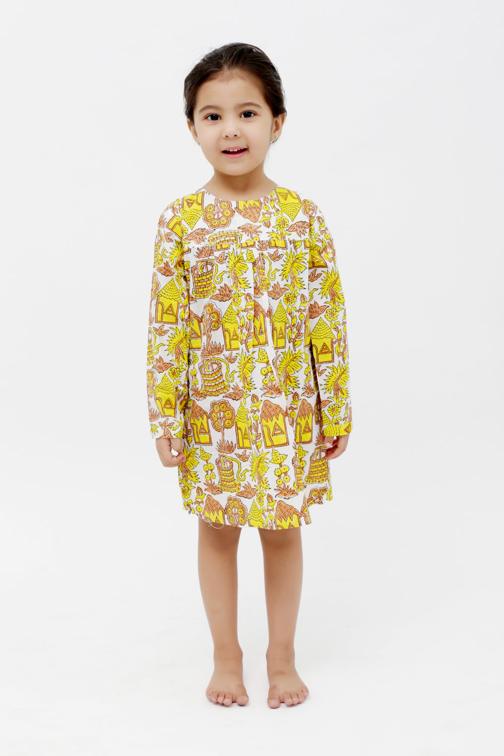 Yellow Village Scene Block Printed Full Sleeves Tunic