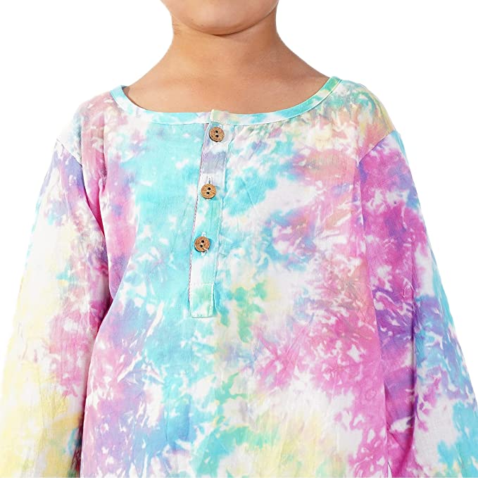 Multi colour tie and dye print detail — pure cotton girls nightsuit - Chheent Jaipur