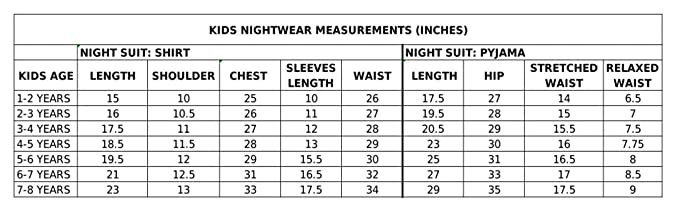 Size chart -Multi Colour Tie and Dye Pure Cotton Pajama Set for Girls -Chheent Jaipur