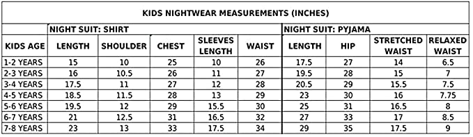 measurement chart for kids nightsuits