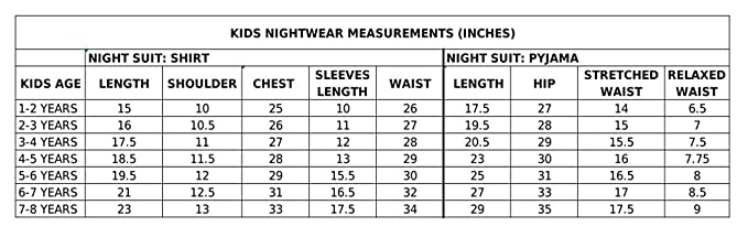 measurement chart for kids nightsuit