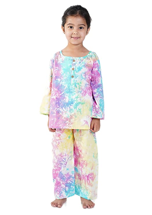 Multi coloured tie and dye printed pure cotton pajama set for girls summer nightwear