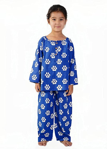 blue pug paw printed pure cotton pajama set for girls