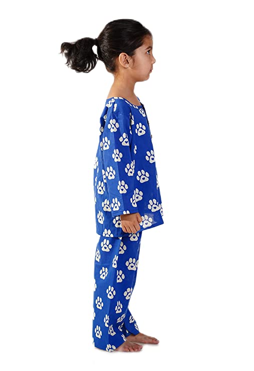 blue pug paw printed pure cotton pajama set for girls