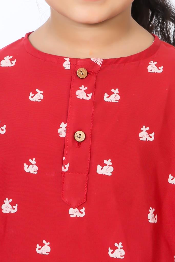 girl wearing Red whale print pure cotton night suit for girls by Chheent Jaipur
