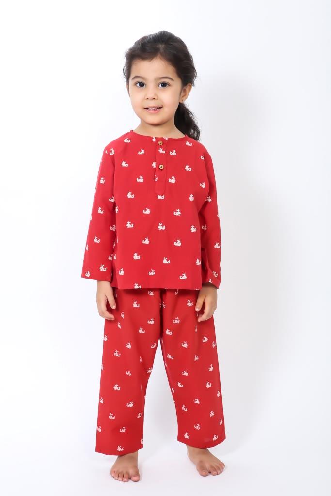 girl wearing Red whale print pure cotton night suit for girls by Chheent Jaipur