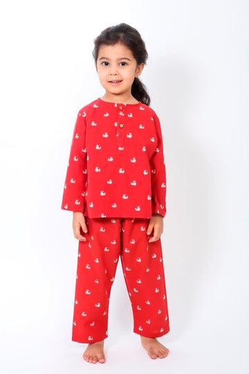girl wearing Red whale print pure cotton night suit for girls by Chheent Jaipur